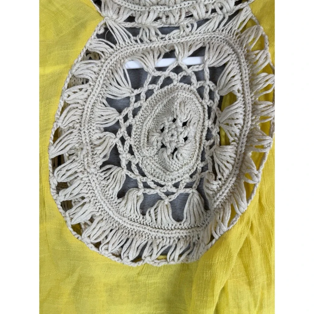 Free People Yellow Crochet Trim Open Front Kimono Cardigan Boho Cover Up OS